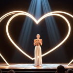 A captivating male storyteller on a dimly lit stage, bathed in warm, ethereal light. A glowing, organic bridge of light and energy extends from his heart towards an abstract, diverse audience, whose outlines shimmer with emotional resonance. The atmosphere is one of profound connection and shared feeling, symbolizing the authentic "heart of narration". Subtle musical notes or flowing lines suggest a beautiful melody being created, evoking the power of universal themes.