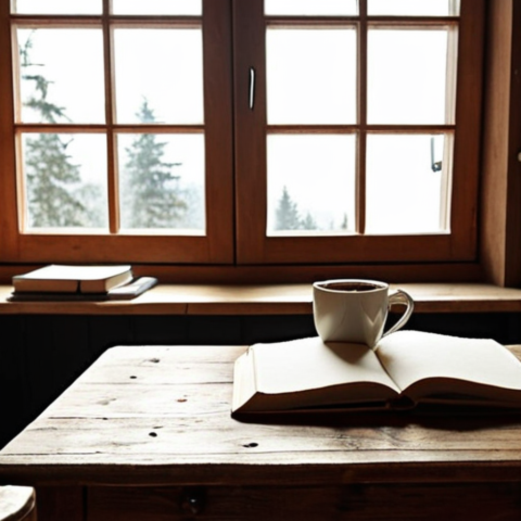 A captivating photo of a writer's workspace.**

Prompt: "A well-lit, organized writing desk with a notebook, a pen, and a cup of coffee. The photo should follow the rule of thirds, with a soft, natural light highlighting the scene. In the background, a bookshelf filled with various books. The overall mood is inspiring and creative, perfect for writers in Zakopane, Poland. Capture a cozy, inviting atmosphere."

**