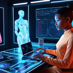 **Dynamic Digital Storyteller:** A person (gender-neutral) at a sleek, futuristic desk, surrounded by glowing holographic interfaces. AI-driven data streams and neural network patterns flow around them, symbolizing personalization. From this central figure, vibrant light lines extend to stylized digital representations of a blog, podcast microphone, and social media apps (like phone/tablet icons), which in turn connect to diverse, abstract audience figures. The overall scene is high-tech, interconnected, and conveys the power of AI in personalizing content across multiple platforms. Concept art, digital illustration, vibrant colors, futuristic, highly detailed.