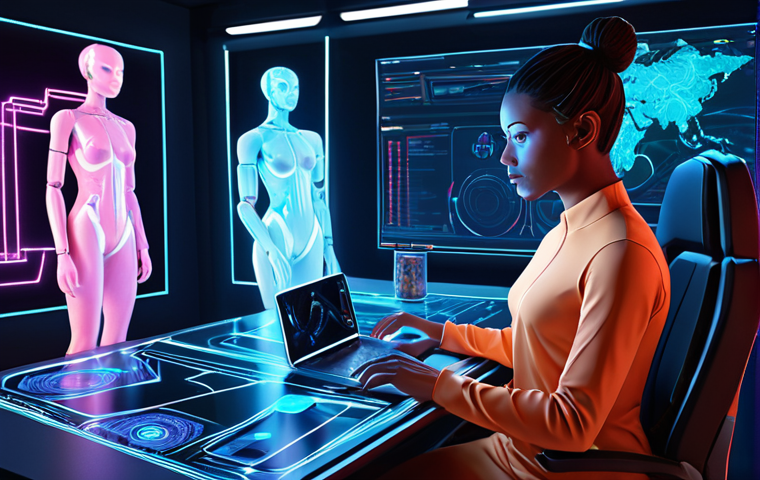 **Dynamic Digital Storyteller:** A person (gender-neutral) at a sleek, futuristic desk, surrounded by glowing holographic interfaces. AI-driven data streams and neural network patterns flow around them, symbolizing personalization. From this central figure, vibrant light lines extend to stylized digital representations of a blog, podcast microphone, and social media apps (like phone/tablet icons), which in turn connect to diverse, abstract audience figures. The overall scene is high-tech, interconnected, and conveys the power of AI in personalizing content across multiple platforms. Concept art, digital illustration, vibrant colors, futuristic, highly detailed.