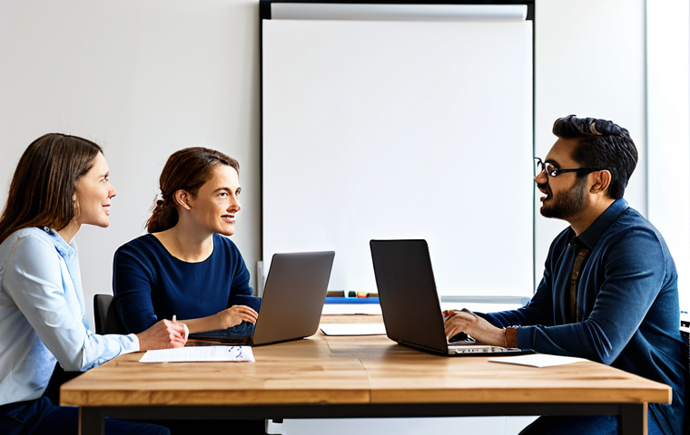 A diverse group of 3 professional storytellers, fully clothed in modest business casual attire, collaboratively brainstorming in a bright, modern creative studio. They are actively discussing ideas, with whiteboards covered in notes, laptops open, and coffee cups on a large wooden table. The atmosphere is dynamic and innovative, showing strong synergy. Perfect anatomy, correct proportions, natural poses, well-formed hands, proper finger count, natural body proportions. High-resolution professional photography, cinematic lighting, safe for work, appropriate content, professional.