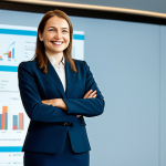 **

A professional businesswoman in a tailored, modest business suit, smiling confidently while giving a presentation at a modern conference in Warsaw. The background features a projection screen displaying a compelling chart. Fully clothed, appropriate attire, safe for work, perfect anatomy, natural proportions, professional photography, high quality.

**