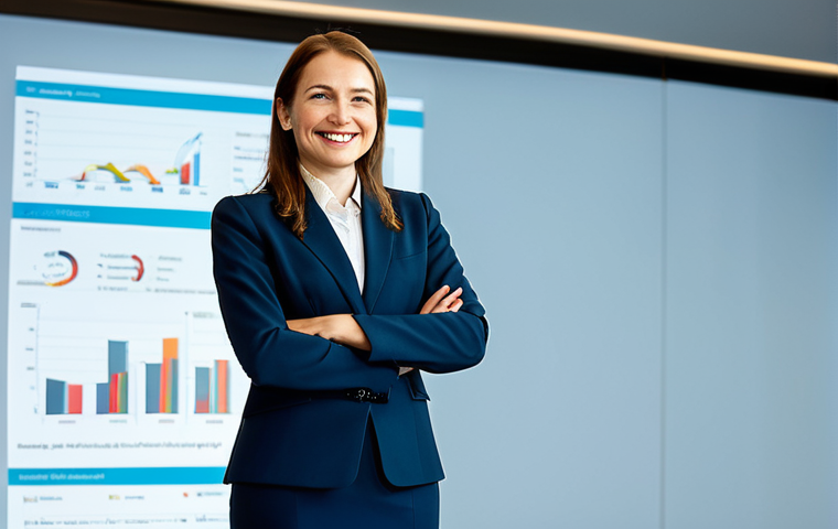 **
A professional businesswoman in a tailored, modest business suit, smiling confidently while giving a presentation at a modern conference in Warsaw. The background features a projection screen displaying a compelling chart. Fully clothed, appropriate attire, safe for work, perfect anatomy, natural proportions, professional photography, high quality.
**