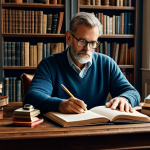 Author at Work**

"A writer diligently working on a novel, sitting at a wooden desk in a cozy study filled with books, fully clothed in comfortable attire, safe for work, perfect anatomy, natural proportions, professional workspace, high quality, appropriate content, family-friendly."

**