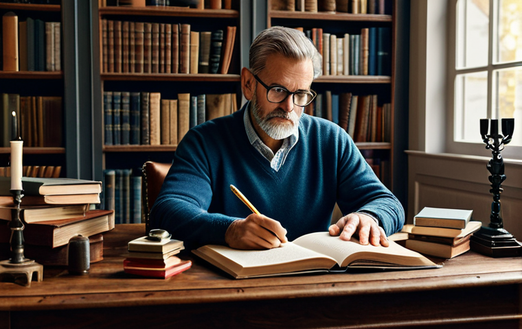 Author at Work**
"A writer diligently working on a novel, sitting at a wooden desk in a cozy study filled with books, fully clothed in comfortable attire, safe for work, perfect anatomy, natural proportions, professional workspace, high quality, appropriate content, family-friendly."
**