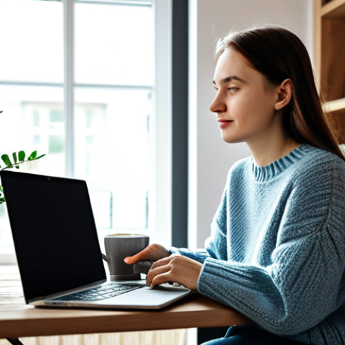 Home 26 Freelance Storyteller**
"A young, fully clothed woman working from a cozy home office in Warsaw, Poland. She's wearing a comfortable sweater and jeans, sitting at a desk with a laptop and a cup of coffee. Bookshelves and plants in the background. Safe for work, appropriate content, professional, perfect anatomy, natural proportions, soft lighting."
**