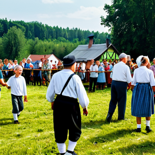 Home 25 Village Festival**
A vibrant village festival in the Polish countryside. People of all ages are participating in traditional games and activities, with a focus on community spirit. Fully clothed villagers are laughing and interacting. A folk band plays in the background. The scene is warm and inviting. Safe for work, appropriate content, family-friendly, perfect anatomy, correct proportions, natural pose, professional photography, high quality, fully clothed.
**