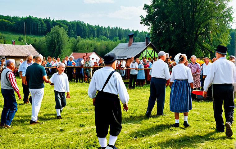 Village Festival**
A vibrant village festival in the Polish countryside. People of all ages are participating in traditional games and activities, with a focus on community spirit. Fully clothed villagers are laughing and interacting. A folk band plays in the background. The scene is warm and inviting. Safe for work, appropriate content, family-friendly, perfect anatomy, correct proportions, natural pose, professional photography, high quality, fully clothed.
**
