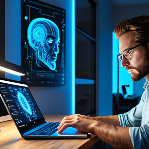 Home 24 AI & Storytelling**
"A writer in a brightly lit, modern home office, working on a laptop, with a holographic AI assistant displaying script ideas, fully clothed, professional attire, safe for work, perfect anatomy, natural proportions, digital art, high quality, concept art."
**