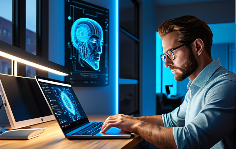 AI & Storytelling**
"A writer in a brightly lit, modern home office, working on a laptop, with a holographic AI assistant displaying script ideas, fully clothed, professional attire, safe for work, perfect anatomy, natural proportions, digital art, high quality, concept art."
**