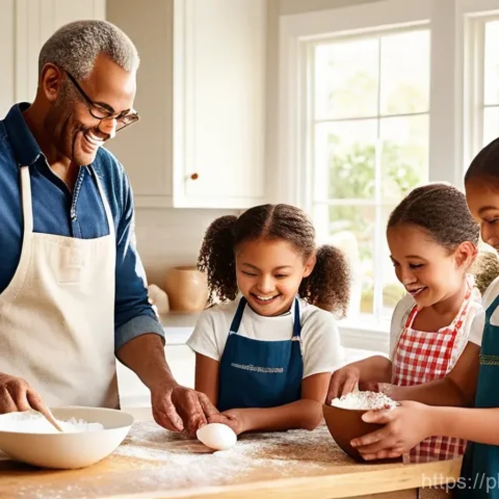 스토리텔러와 감정 스토리텔링의 기술 - **A family baking together in a sun-drenched kitchen.**
    *   **Subject:** A mother, father, and t...