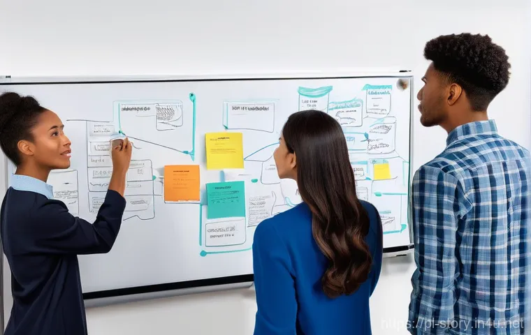 스토리텔러의 창의적 사고와 문제 해결 방법 - **Prompt:** A young, diverse group of fully clothed individuals (men and women, 20s-30s) gathered ar...