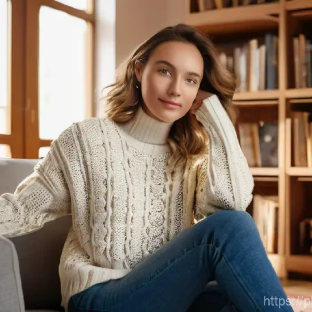 스토리텔러 자격증 합격률 - A woman in her late 20s, wearing a cozy, light-colored sweater and jeans, is seated on a comfortable...