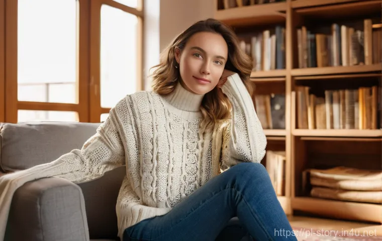 스토리텔러 자격증 합격률 - A woman in her late 20s, wearing a cozy, light-colored sweater and jeans, is seated on a comfortable...
