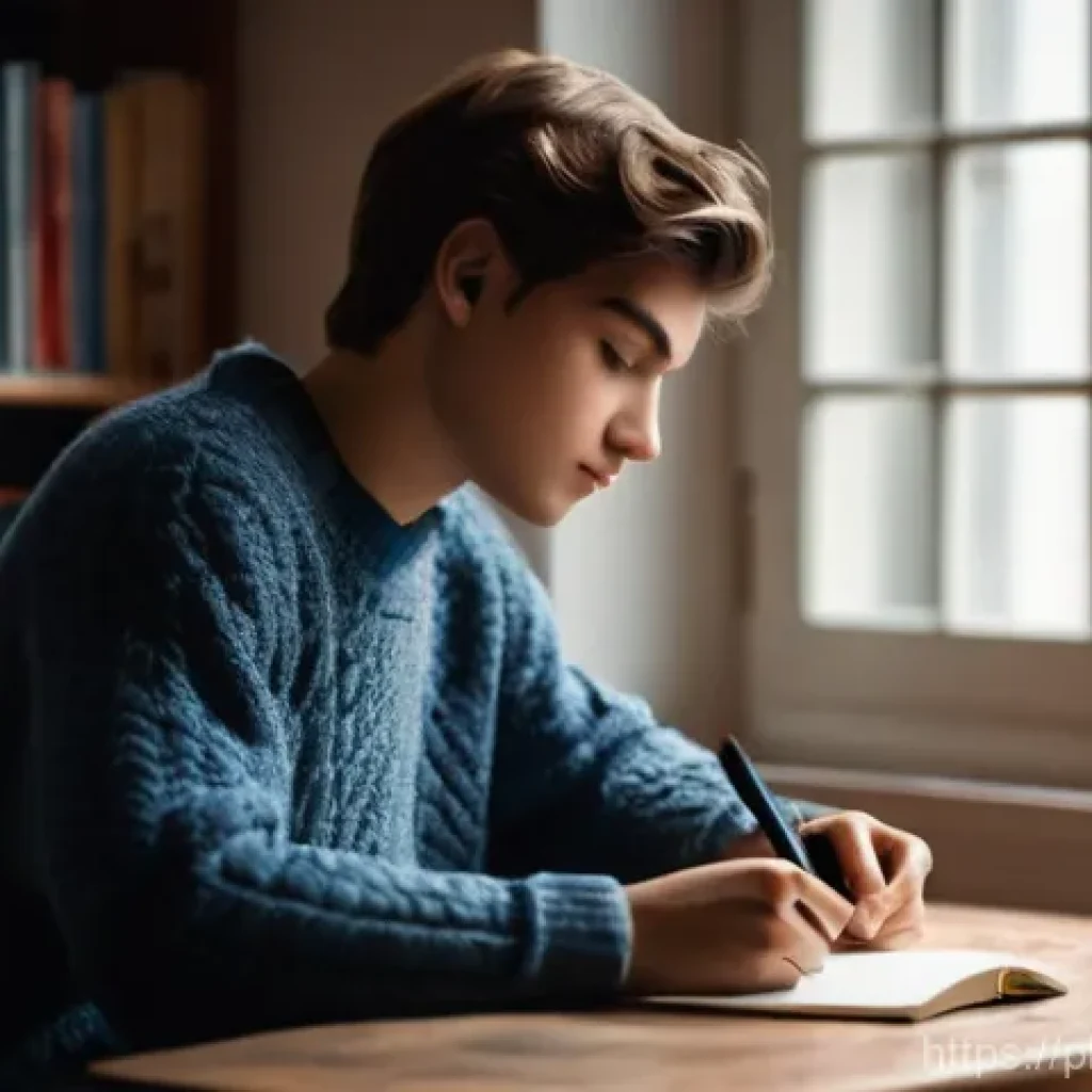 스토리텔러 관련 무료 학습 자료 - **A Young Writer's Focus:** A serene, indoor shot of a young person (around 16-18 years old), fully ...