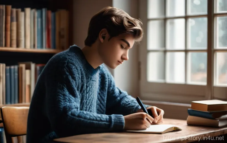 스토리텔러 관련 무료 학습 자료 - **A Young Writer's Focus:** A serene, indoor shot of a young person (around 16-18 years old), fully ...