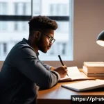 스토리텔러 자격증의 난이도 분석 - **Prompt:** A focused individual, dressed in smart casual clothes, sits at a well-organized desk, su...