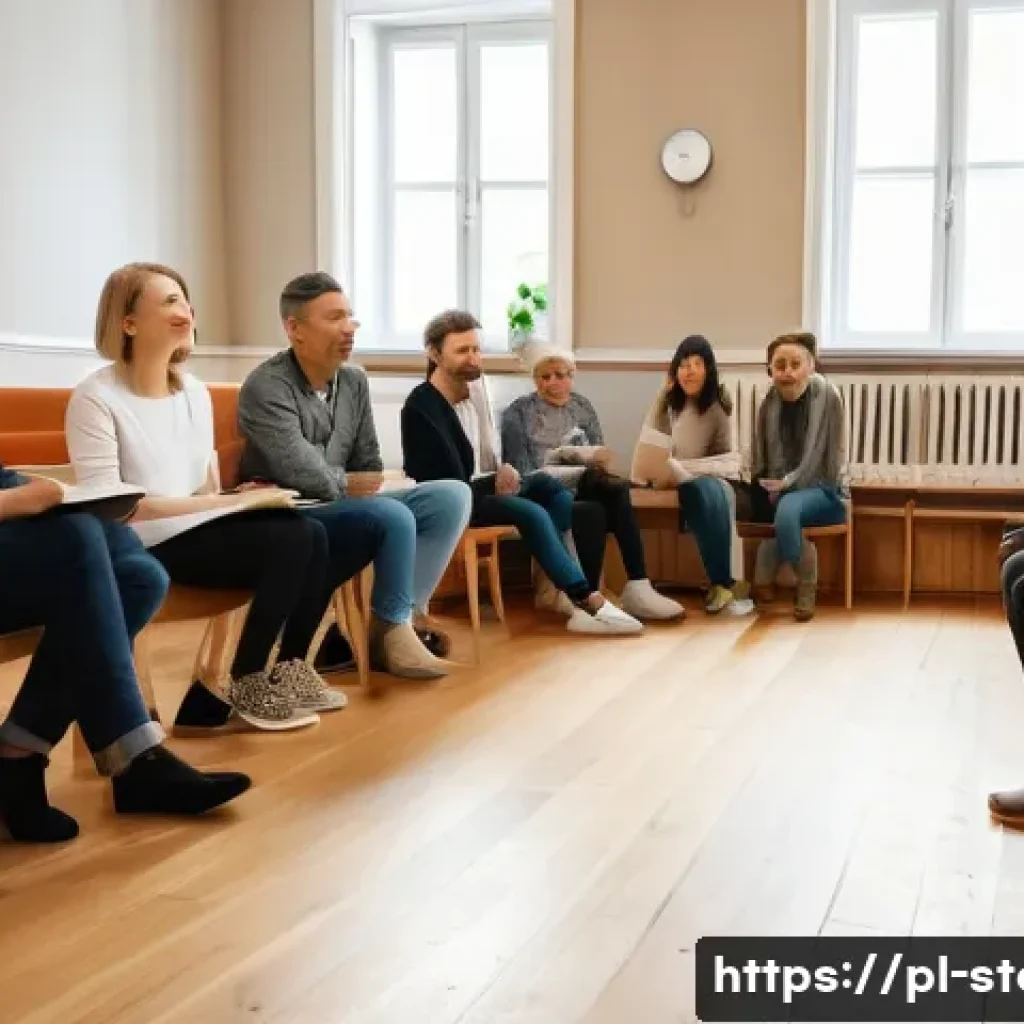 스토리텔러 커뮤니티 참여의 장점 - A warm, inviting storytelling workshop scene set in a modern Polish cultural center, featuring a div...