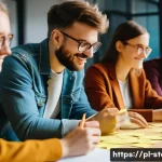 스토리텔러가 진행한 주요 이야기 프로젝트 - A diverse group of young adults engaged in a creative storytelling workshop set in a modern Warsaw c...