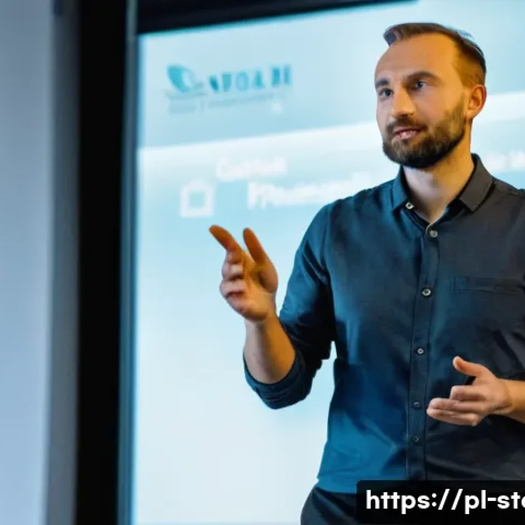 스토리텔러 직업의 장단점과 도전 과제 - A professional storyteller standing confidently on a stage in a modern conference room in Warsaw, Po...