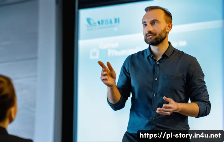 스토리텔러 직업의 장단점과 도전 과제 - A professional storyteller standing confidently on a stage in a modern conference room in Warsaw, Po...