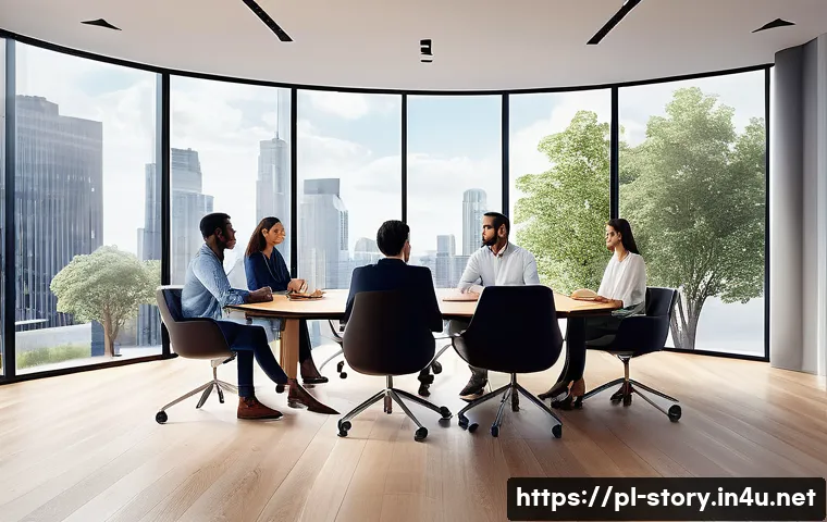 스토리텔러 자격증의 글로벌 인증 가능성과 사례 연구 - A modern business meeting scene in a sleek, bright office with diverse professionals discussing stor...
