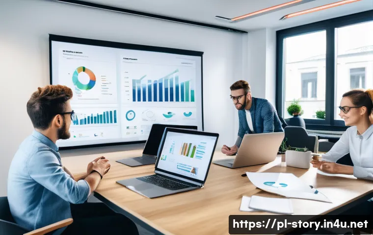 스토리텔러 관련 직업의 다양한 이야기 제작 방법과 사례 분석과 연구 - A modern marketing team brainstorming storytelling strategies in a bright, contemporary office in Wa...