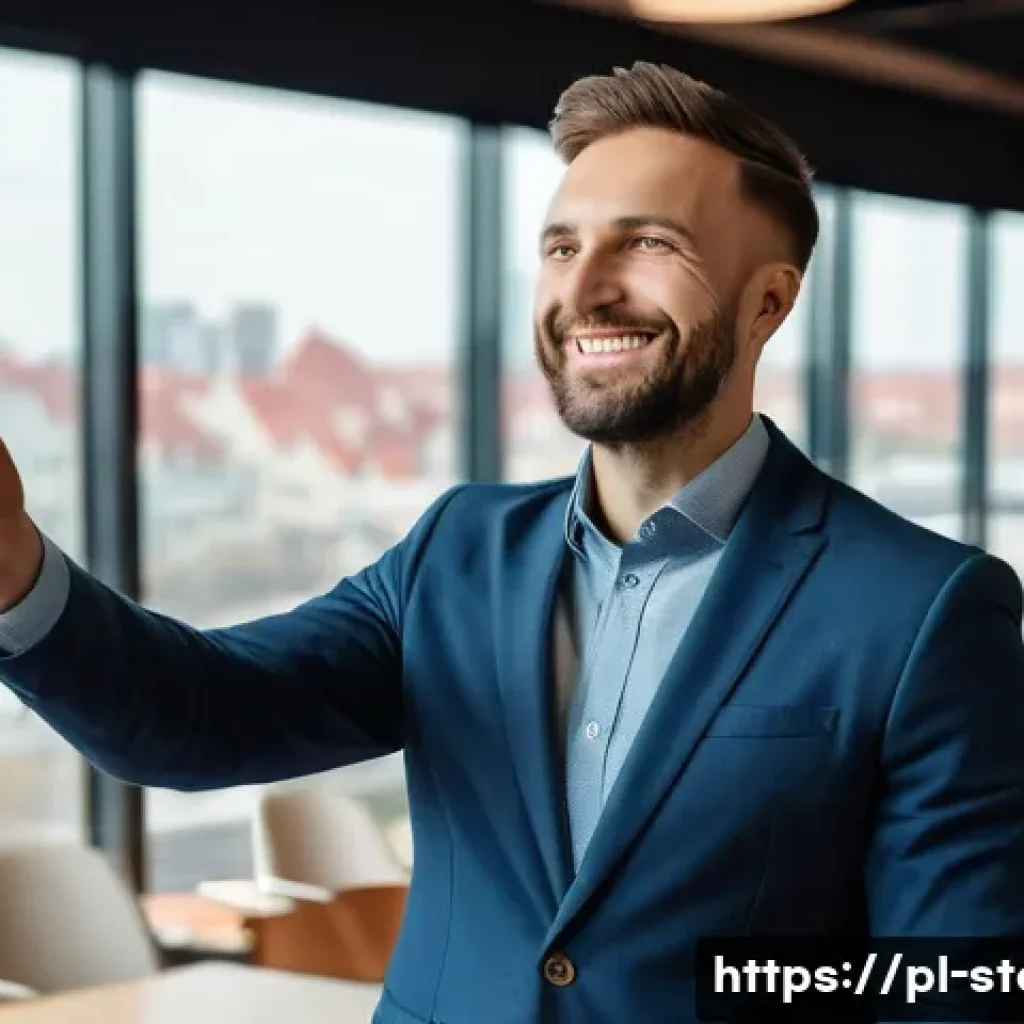 스토리텔러로서 자신감 향상 방법 - A confident public speaker standing on a stage in a modern conference room in Warsaw, Poland, engagi...