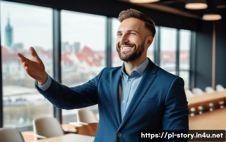 스토리텔러로서 자신감 향상 방법 - A confident public speaker standing on a stage in a modern conference room in Warsaw, Poland, engagi...