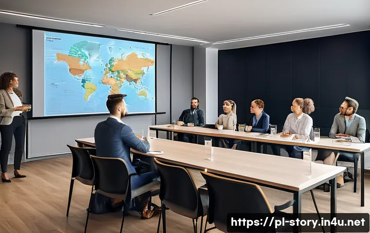 스토리텔러 자격증과 관련된 실무 사례 - A modern corporate training session in a bright, spacious conference room in Warsaw, Poland, featuri...