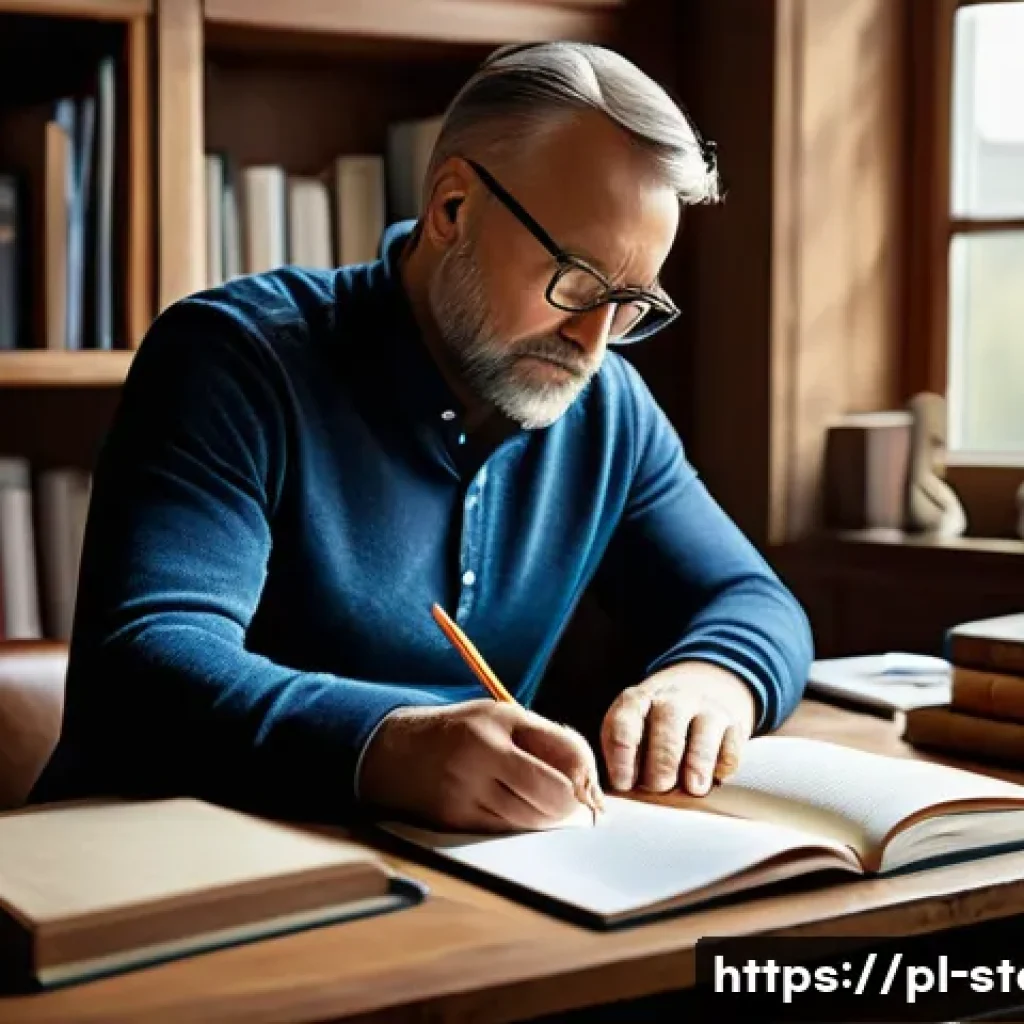 스토리텔러로서 새로운 커리어 도전법 - A professional workspace scene showing a middle-aged Polish man thoughtfully writing in a journal at...