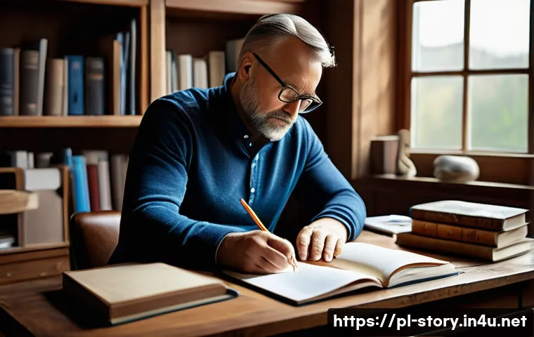 스토리텔러로서 새로운 커리어 도전법 - A professional workspace scene showing a middle-aged Polish man thoughtfully writing in a journal at...