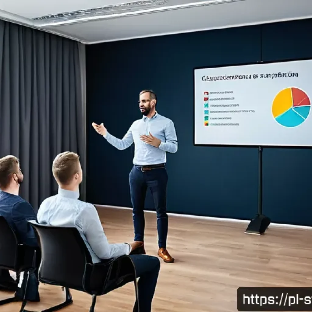 스토리텔러 자격증과 관련된 다양한 시험 전략 - A professional Polish man in his early 30s delivering a storytelling presentation in a modern confer...