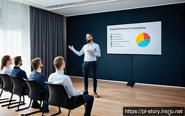 스토리텔러 자격증과 관련된 다양한 시험 전략 - A professional Polish man in his early 30s delivering a storytelling presentation in a modern confer...