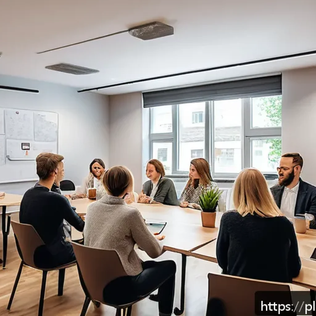 스토리텔러 자격증 준비 스터디 그룹 운영법 - A diverse group of Polish professionals gathered in a modern coworking space for a storytelling work...