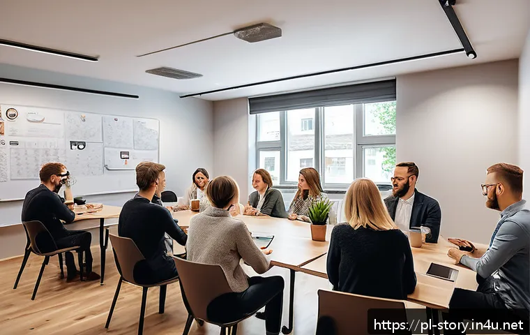 스토리텔러 자격증 준비 스터디 그룹 운영법 - A diverse group of Polish professionals gathered in a modern coworking space for a storytelling work...