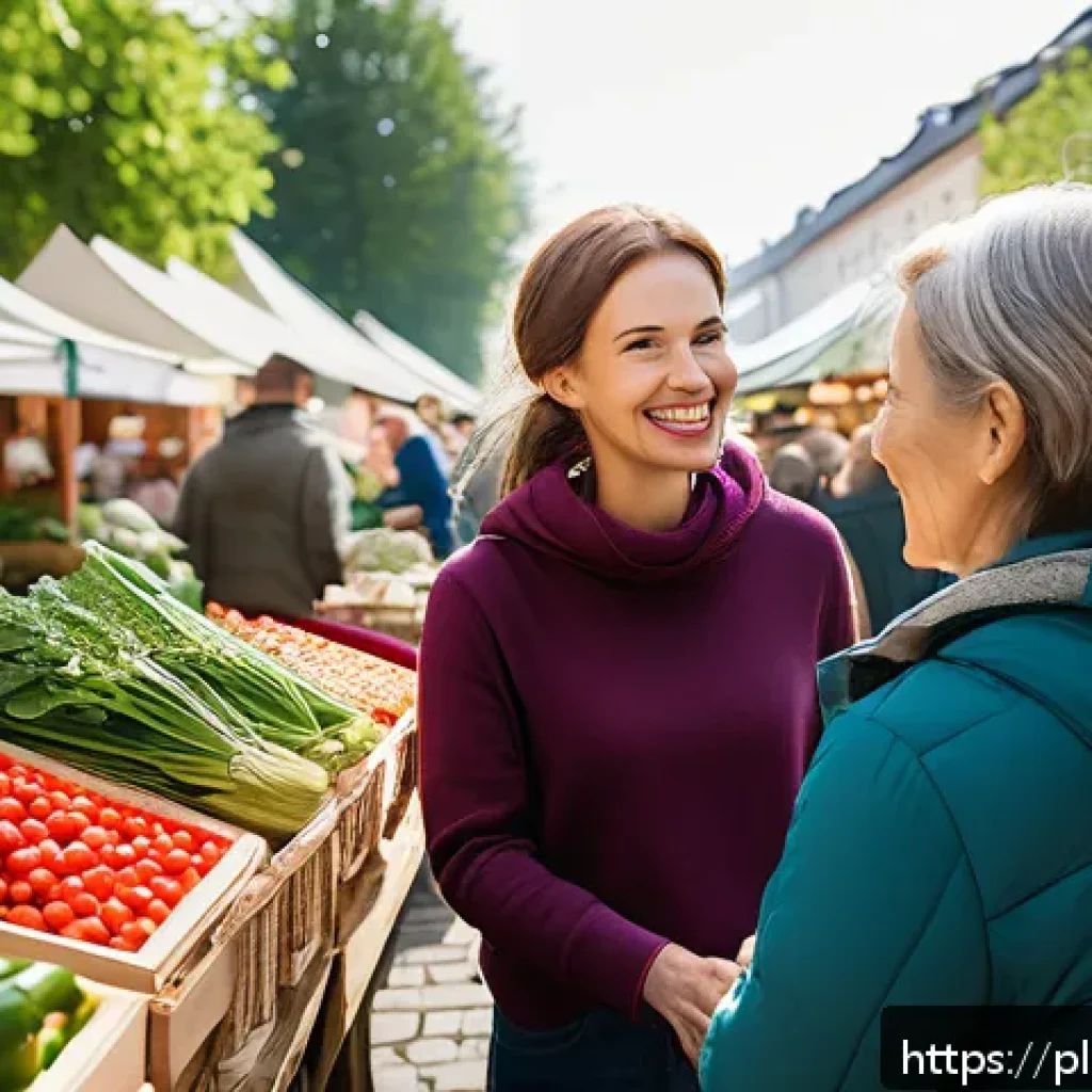 스토리텔러 직업의 사회적 기여 가능성 - A vibrant and modern Polish outdoor farmers’ market scene during daytime, featuring diverse customer...