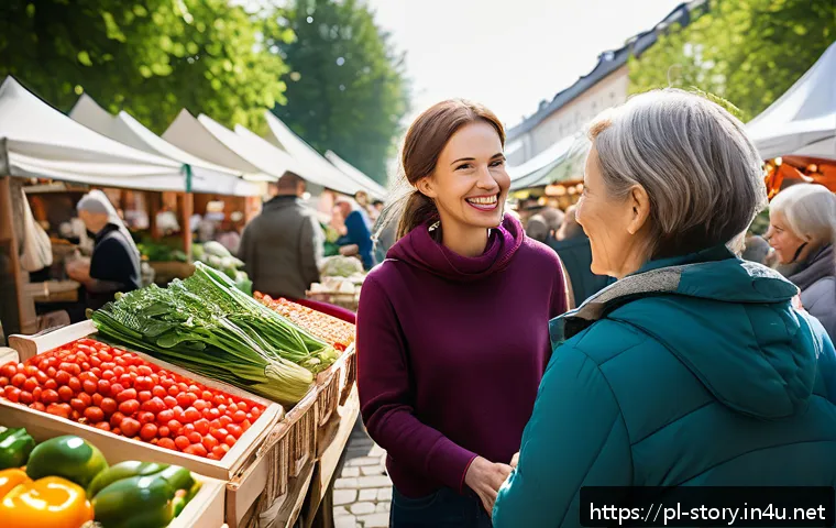 스토리텔러 직업의 사회적 기여 가능성 - A vibrant and modern Polish outdoor farmers’ market scene during daytime, featuring diverse customer...