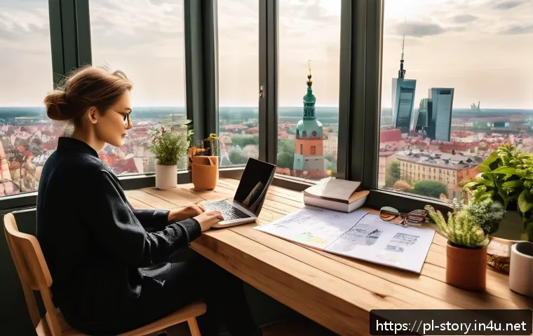 스토리텔러 실무에서 필수로 쓰는 툴 - A cozy, modern workspace scene showing a young Polish content creator sitting at a wooden desk with ...