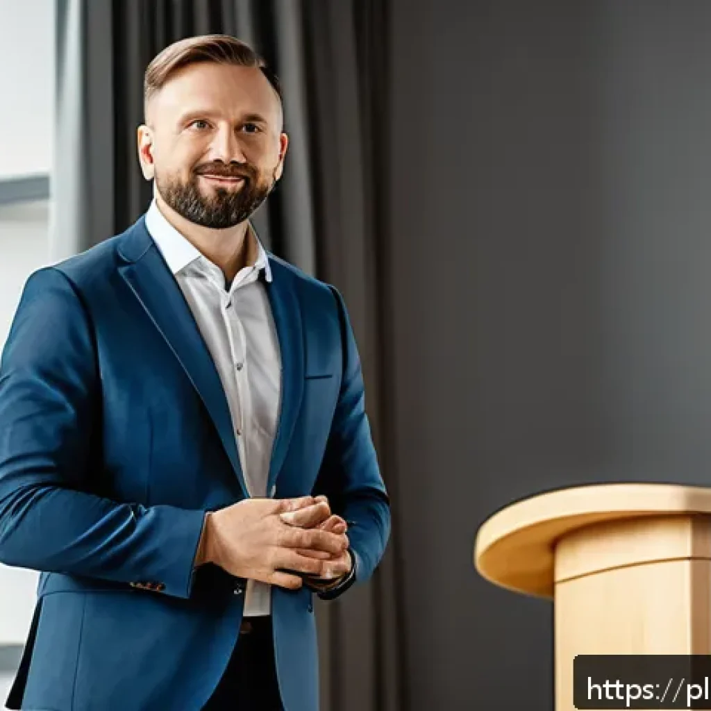 스토리텔러로서 대중 강연을 잘하는 법 - A professional public speaker in a modern conference room in Warsaw, Poland, engaging a diverse audi...