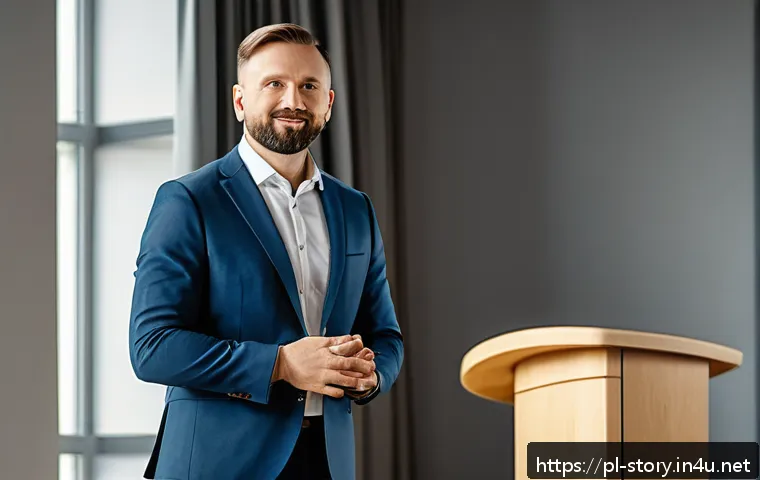 스토리텔러로서 대중 강연을 잘하는 법 - A professional public speaker in a modern conference room in Warsaw, Poland, engaging a diverse audi...