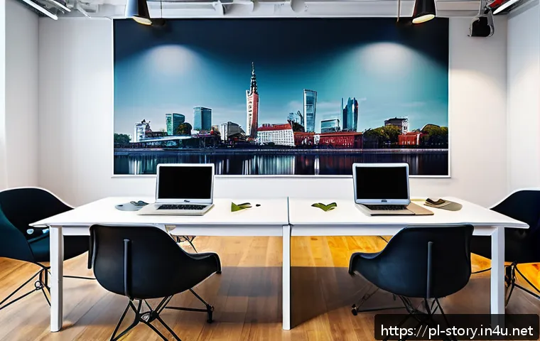 스토리텔러가 주목해야 할 관련 스타트업 - A modern creative workspace featuring a Polish startup team collaboratively working on interactive s...