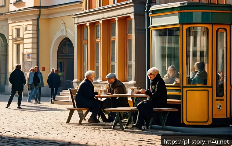 스토리텔러로서 스토리 소재 찾는 방법 - A vibrant urban scene in Warsaw, Poland, during a busy morning. People of diverse ages and styles ar...