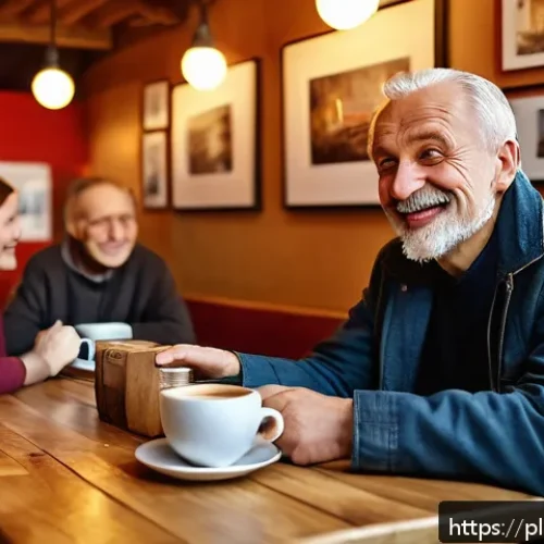 스토리텔러 관련 콘텐츠 제작 전략 - A warm and engaging scene of a storyteller in a cozy, modern Polish café, passionately sharing a per...