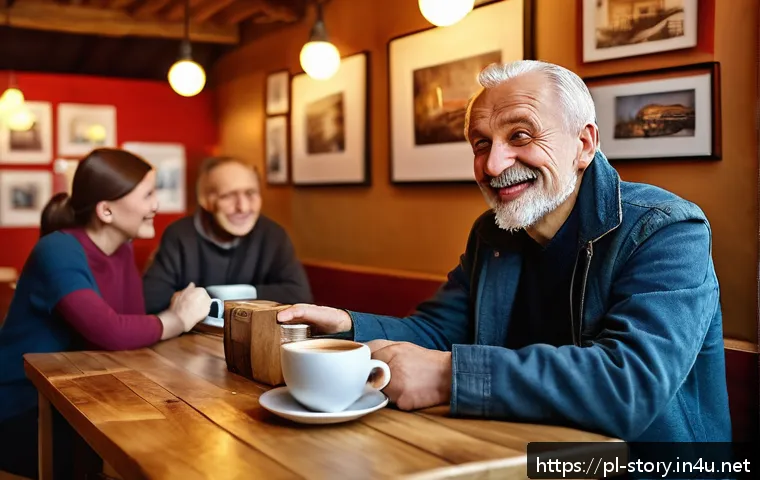 스토리텔러 관련 콘텐츠 제작 전략 - A warm and engaging scene of a storyteller in a cozy, modern Polish café, passionately sharing a per...