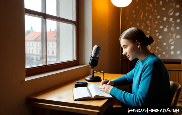 스토리텔러와 AI 기술의 접목 - Photorealistic Polish storyteller in a cozy Warsaw apartment, seated at a wooden desk with an open n...