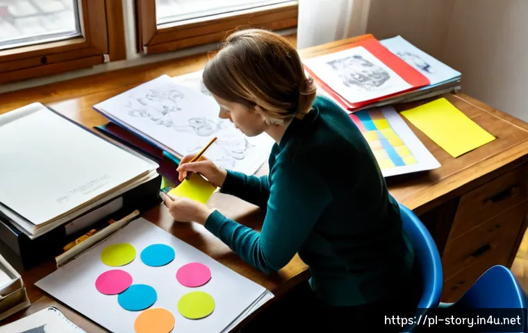 스토리텔러 직무에서의 스토리 제작 능력 향상 방법 - Photorealistic Polish storyteller planning a compelling narrative at a tidy wooden desk in a bright ...
